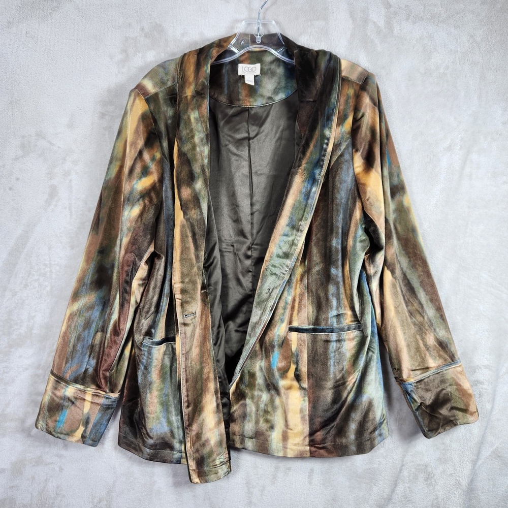 LOGO Lori Goldstein Blazer Women Large Neutral Print Velvet Shawl Collar A705833